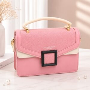 Pink structured handbag with top handle and black square buckle